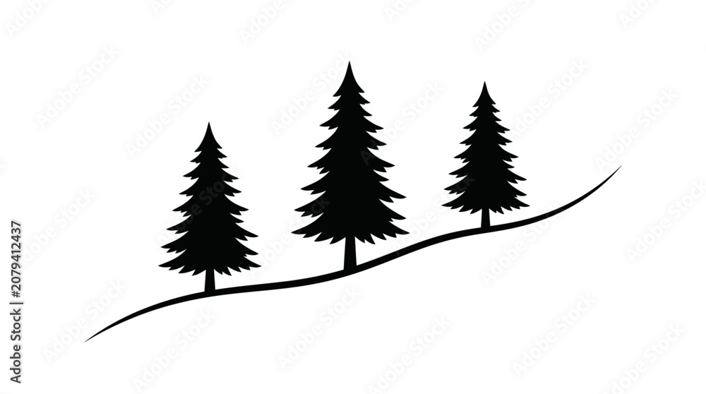 Fototapeta premium Minimalist black pine tree silhouettes on a curved hill line.