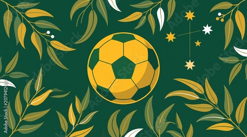 Australia Soccer Crest Vector with Eucalyptus Leaves and Southern Cross Constellation, Australian Football Ball Emblem in National Green and Gold Colors, Sport Apparel Graphic Element