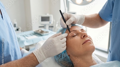A female patient undergoing cosmetic eyelid surgery consultation in a modern clinic.