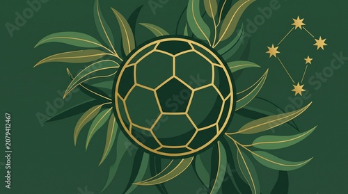 Australia Soccer Crest Vector with Eucalyptus Leaves and Southern Cross Constellation, Australian Football Ball Emblem in National Green and Gold Colors, Sport Apparel Graphic Element