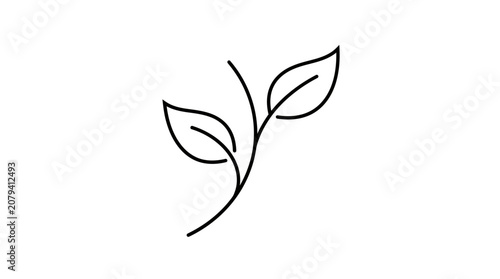 Minimalist black line art illustration of a simple two leaf plant stem.