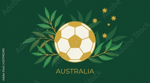 Australia Soccer Crest Vector with Eucalyptus Leaves and Southern Cross Constellation, Australian Football Ball Emblem in National Green and Gold Colors, Sport Apparel Graphic Element