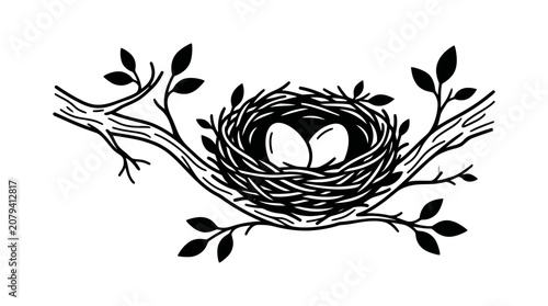 Black and white hand drawn illustration of a bird nest with two eggs sitting on a tree branch.