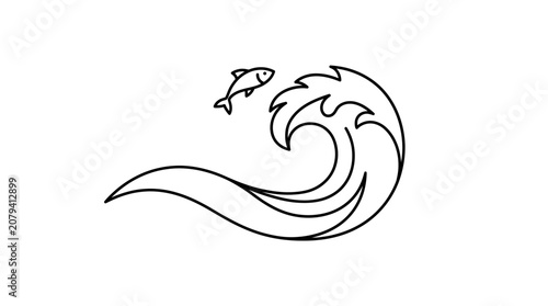 Minimalist line art illustration of a leaping fish and a crashing ocean wave.