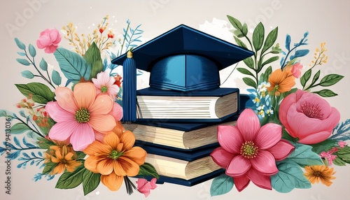 floral graduation background books cap and watercolor blooms