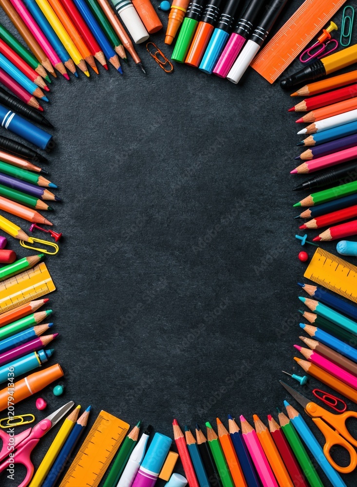 Obraz premium School supplies and colorful pencils on a chalkboard background with border frame