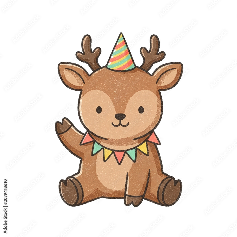 Obraz premium Cute Textured Deer Birthday Party Clipart — Baby Deer with Party Hat and Garland Illustration 