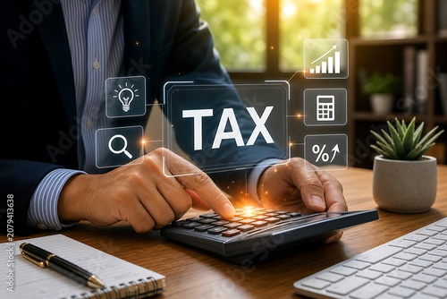 Businessman working on tax calculations with digital icons and calculator on desk