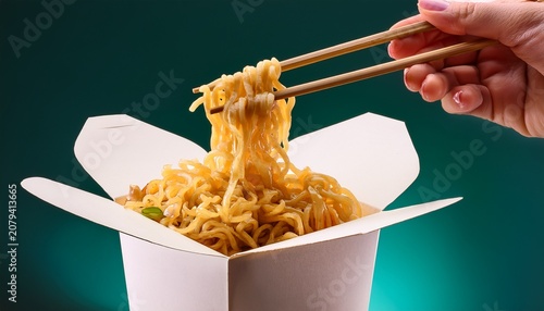 hand holding chopsticks picking up delicious noodles from a take out box studio shot