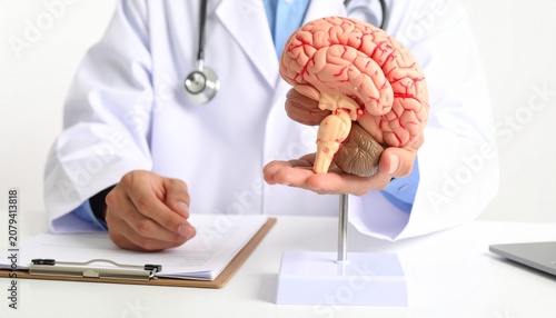 Close up hand Doctor with a human brain anatomy model. World Brain Tumor Day, Brain Stroke, Dementia, Alzheimer's, Parkinson's, mental health, neurological disorders and the concept of Dementia