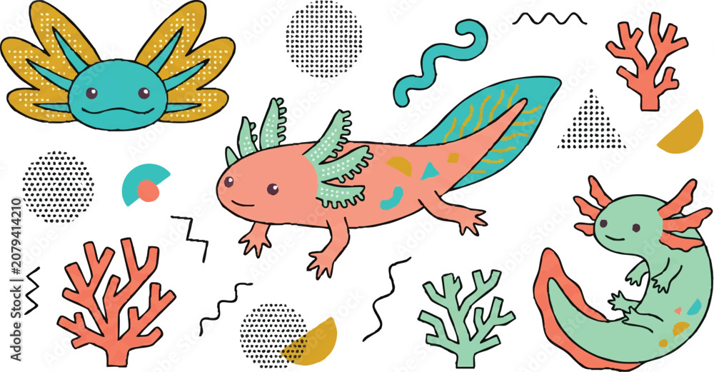 Obraz premium Colorful Axolotl and Sea Creatures Illustration.