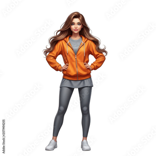 A Beautiful Young Woman Wearing An Orange Hoodie And Grey Leggings Smiling