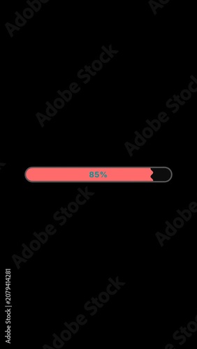 Red progress bar loading from zero to one hundred percent on black background vertical video