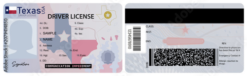 Texas driver's license front and back sample illustration. Driver's license isolated on white background. Person driver license with female silhouette