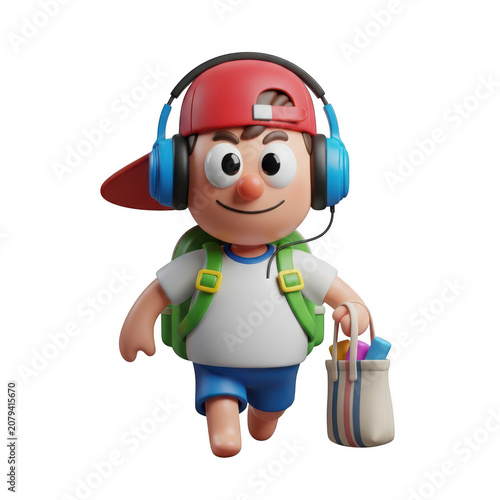 A Cute 3D Cartoon Boy Wearing Headphones Carrying A Small Fabric Tote