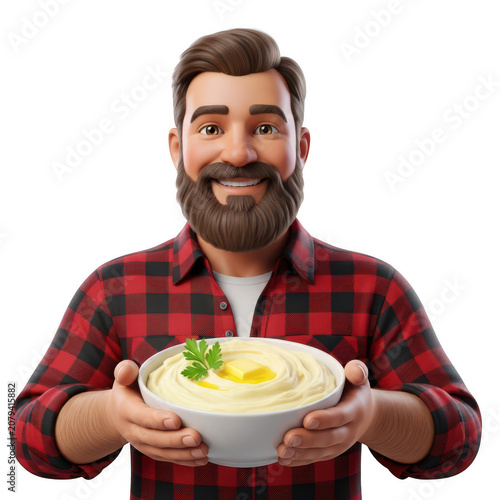 A Friendly 3D Cartoon Man Holding A Bowl Of Creamy Mashed Potatoes