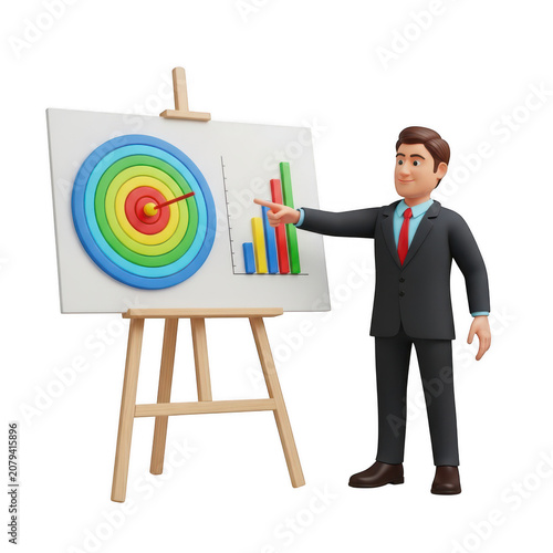 A Professional Businessman Pointing at a Colorful Target and Bar Chart Presentation