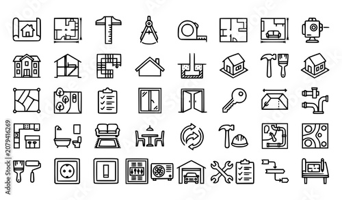 Foto Home Planning Line Icon Set with Architecture Interior Layout and House Design E