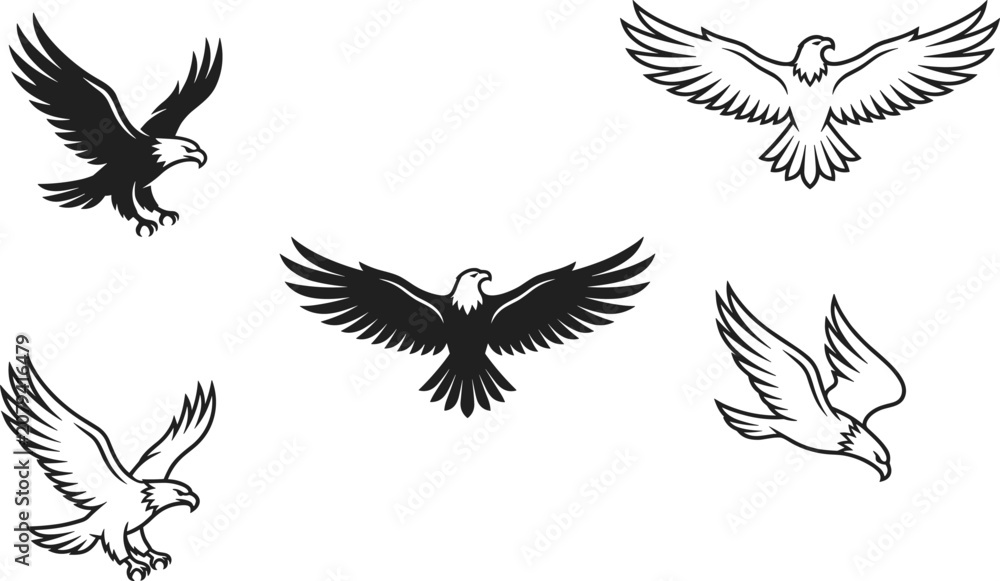 Fototapeta premium Eagle silhouette and outline collection featuring flying birds of prey tattoo and emblem vector illustration set