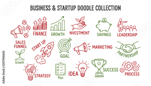 Hand Drawn Business Startup Concepts with Goals, Strategy, Marketing and Success Elements