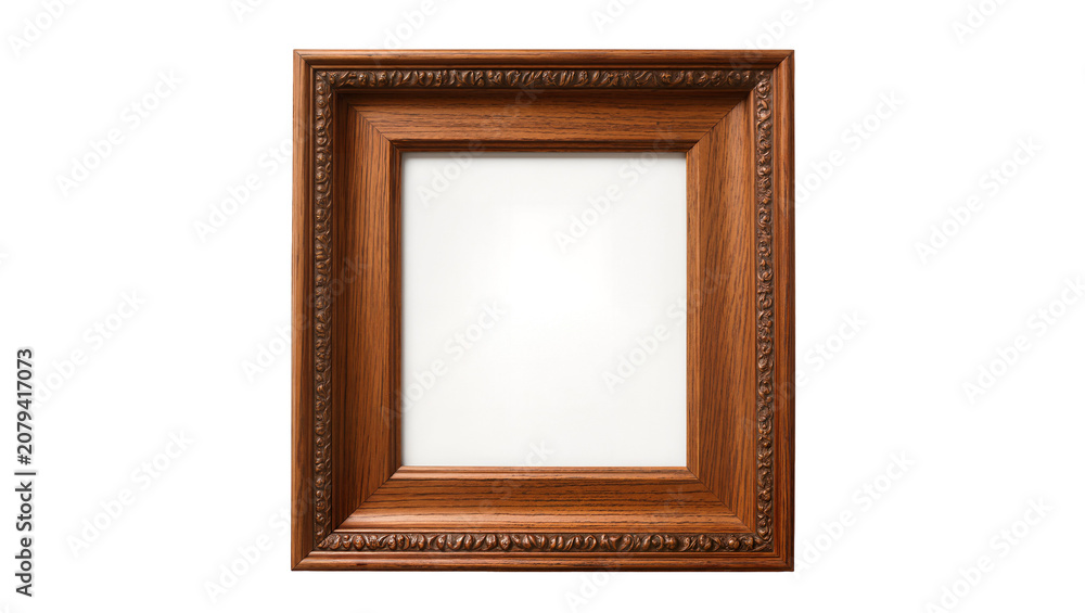 Fototapeta premium Isolated elegant wooden photo frame with ornate carvings and rich texture, ready for design.