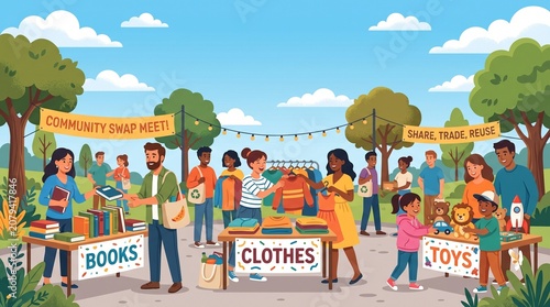 Community Swap Meet and Flea Market Vector Illustration, People Sharing Trading and Reusing Clothes Books and Toys, Eco Friendly Sustainable Lifestyle Event in Park
