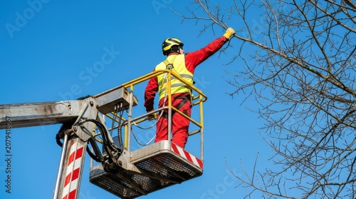 Worker in a cherry picker lift pruning tree branches against blue sky
