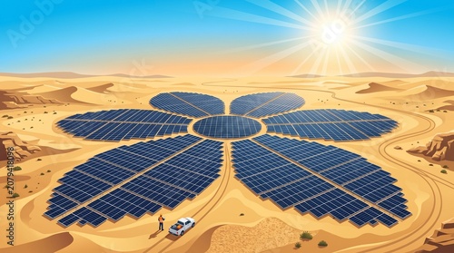 Solar Farm in Flower Shape in Desert, Vector Illustration of Renewable Energy Panels, Eco Friendly Power Plant with Sun, Engineer and Truck