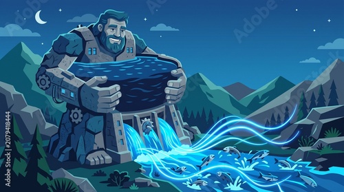 Giant Stone Robot Character as Hydroelectric Dam Holding Water Reservoir and Releasing Clean Energy into River with Fish at Night, Vector Illustration