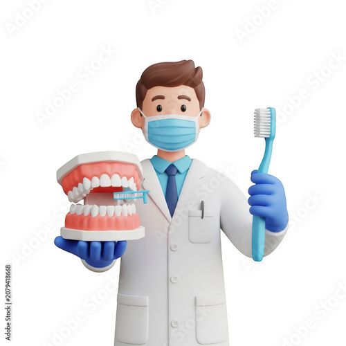 A Friendly 3D Cartoon Dentist Holding A Dental Model And A Toothbrush