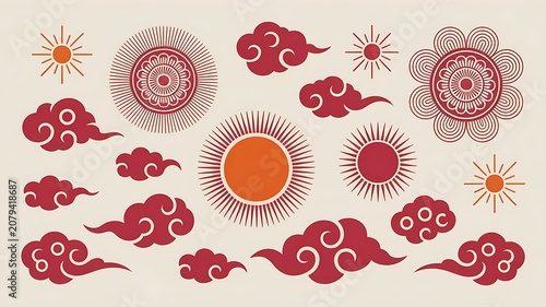 Asian style sun and red clouds vector illustration set