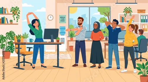 Diverse Office Employees Doing Stretching Exercises and Ergonomic Warm-Up During Break Time Zone in Modern Corporate Workspace