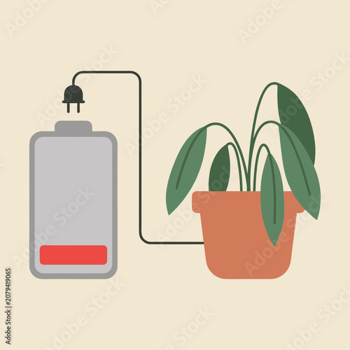 Illustration of a low battery with a red indicator and disconnected power plug attached to a wilting green potted plant, representing burnout, stress, and low energy