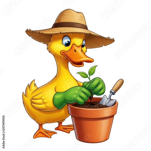 A cute yellow duck wearing a straw hat gardening in a pot