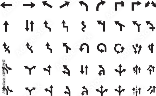 Collection of black arrow icons diverse directional pointers and navigation symbols for web design and user interface elements isolated on white