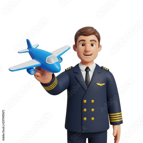 A Friendly 3D Cartoon Airline Pilot Holding A Small Blue Toy Airplane