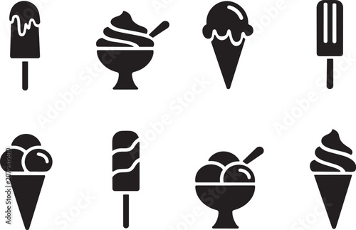 Collection of black ice cream icons simple vector illustrations of frozen desserts in cones and cups perfect for summer menus and food apps