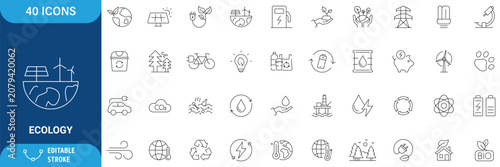Eco or Ecology Icons Set. containing icons such as Recycling, Alternative Green Energy Source, and more. line Icon. Vector illustration. Editable stroke