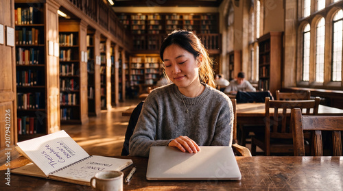 A young woman sits at a wooden library desk and closes a silver laptop next to an open notebook filled with text 'Finished' and 'Done', surrounded by bookshelves and tables in the background.