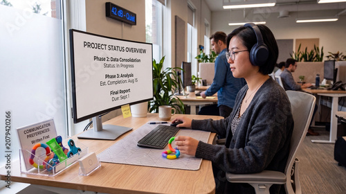 A woman with autism wearing headphones sits at a desk holding a colorful fidget toy and looking at a computer monitor showing a project status overview in an open-plan office.