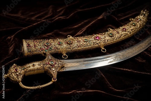 An ornate curved sword with a gem-encrusted scabbard on dark velvet.