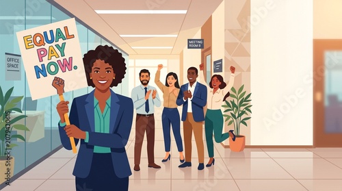 African American Businesswoman Holding Equal Pay Now Sign with Cheering Diverse Colleagues in Office Corridor Vector Illustration