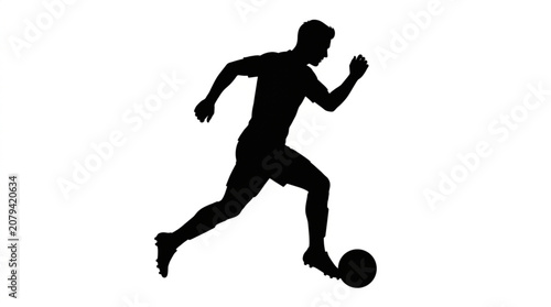 Silhouette of a soccer player running and dribbling a football on a white background