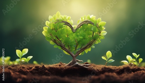 a small tree shaped like a heart with fresh green leaves growing out of soil