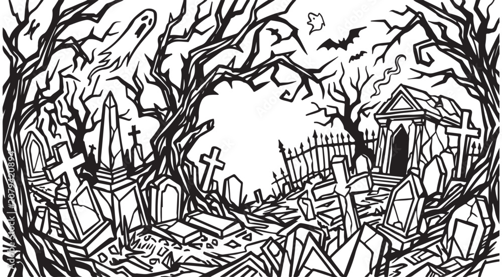 Obraz premium Halloween graveyard line art illustration with tombstones dead trees ghosts and bats for coloring book or spooky background