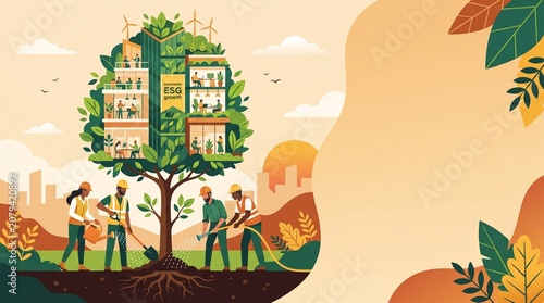 Vector illustration of construction workers planting a tree with an office building growing inside its canopy, sustainable ESG corporate growth concept background