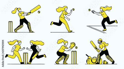 Women playing cricket sports poses character vector collection
