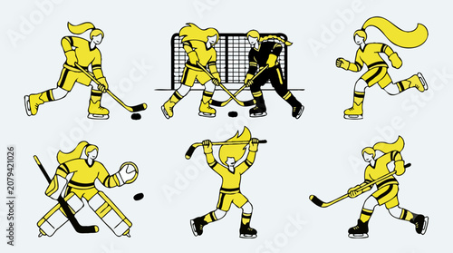 Female hockey players in action flat pattern and various scenes