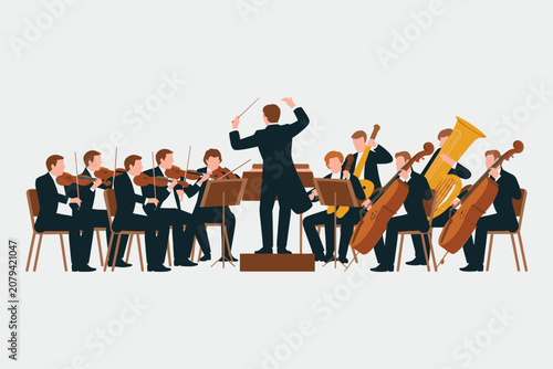 Classical Orchestra with Conductor Performing Vector Illustration