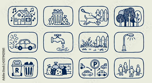 Line art icons set of neighborhood rules and public etiquette